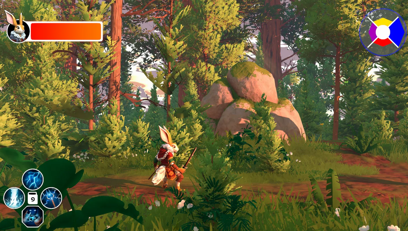 Gameplay-Screenshot aus Lepusona mit Tirsil in einem bewaldeten Gebiet