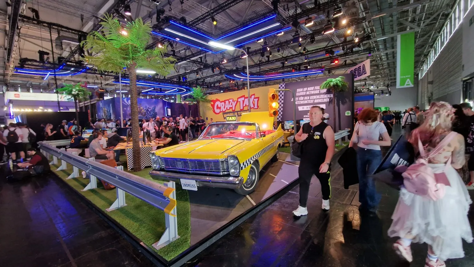 The Crazy Taxi booth with a yellow taxi at gamescom 2026.