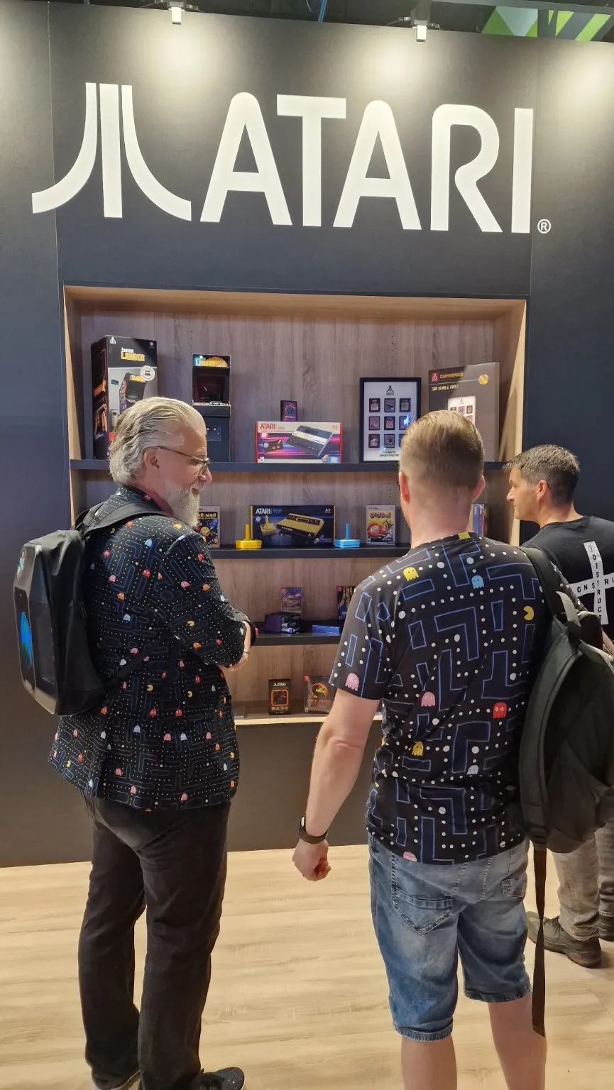 Bernd and Sven in front of the Atari exhibition area at gamescom 2026.